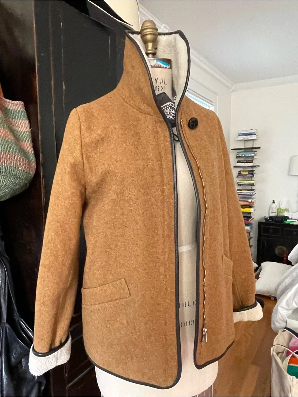 Sessun Wool Sherpa Coat, leather trim, size medium